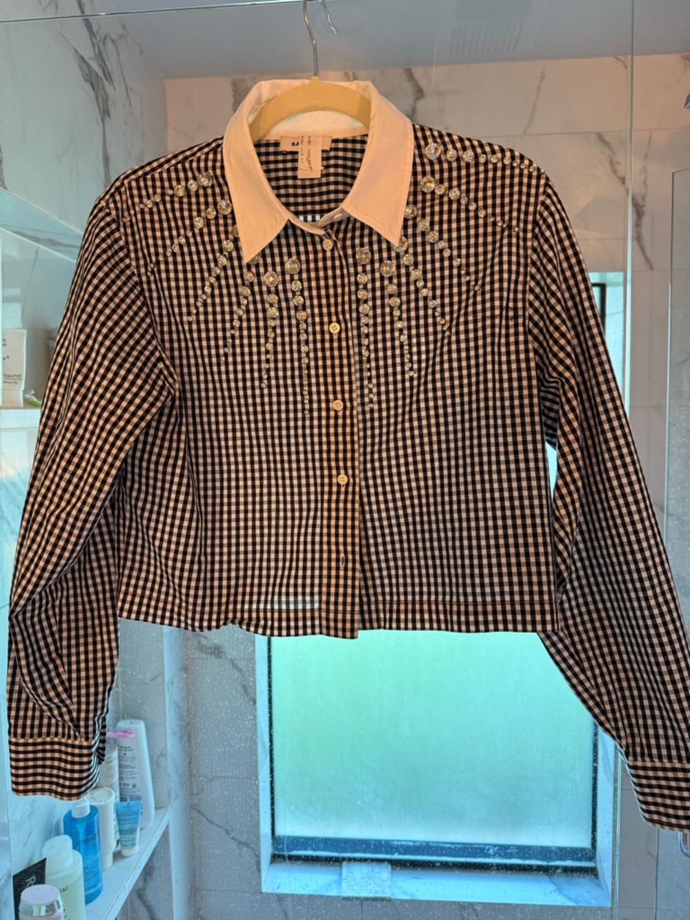 Sandro Black and White Gingham Button-Up Blouse with White Collar